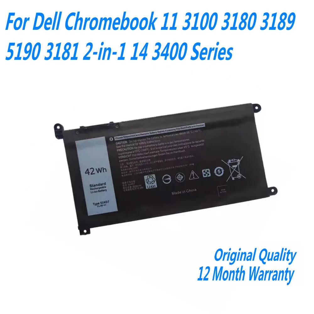 

11.4V 42WH 51KD7 Laptop Battery For Dell Chromebook 11 3100 3180 3189 5190 3181 2-in-1 14 3400 Series P26T P28T001 Y07HK FY8XM