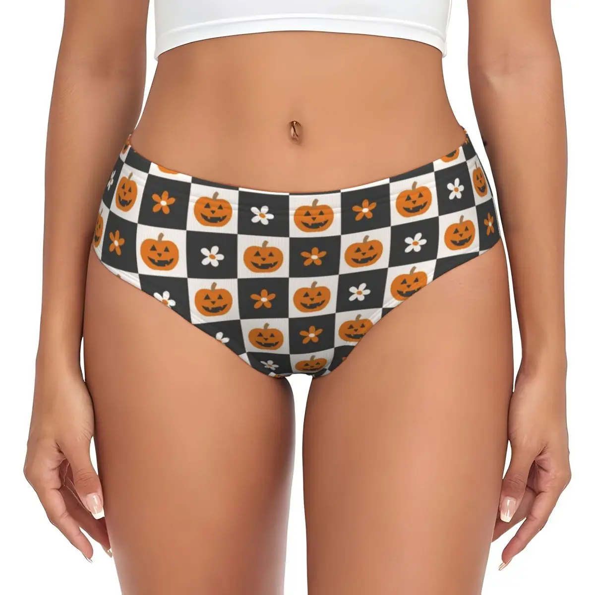 Custom Women's Halloween Checkers Pattern Pumpkins Brief Panties Female Comfort Underwear Underpants