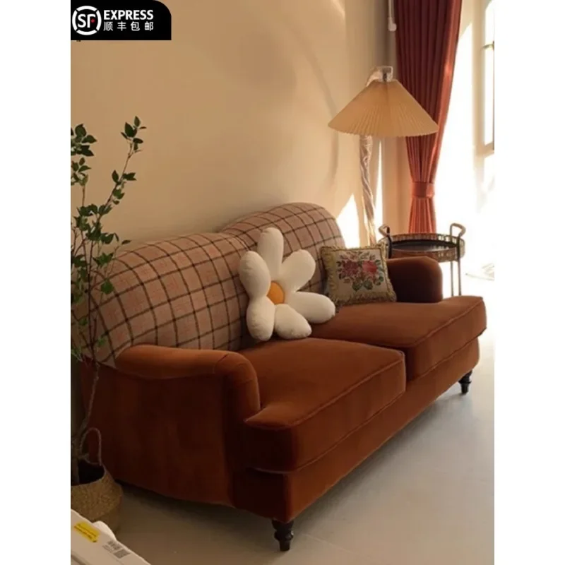 French retro plaid fabric sofa American medieval caramel color velvet color matching bed and breakfast double small apartment si