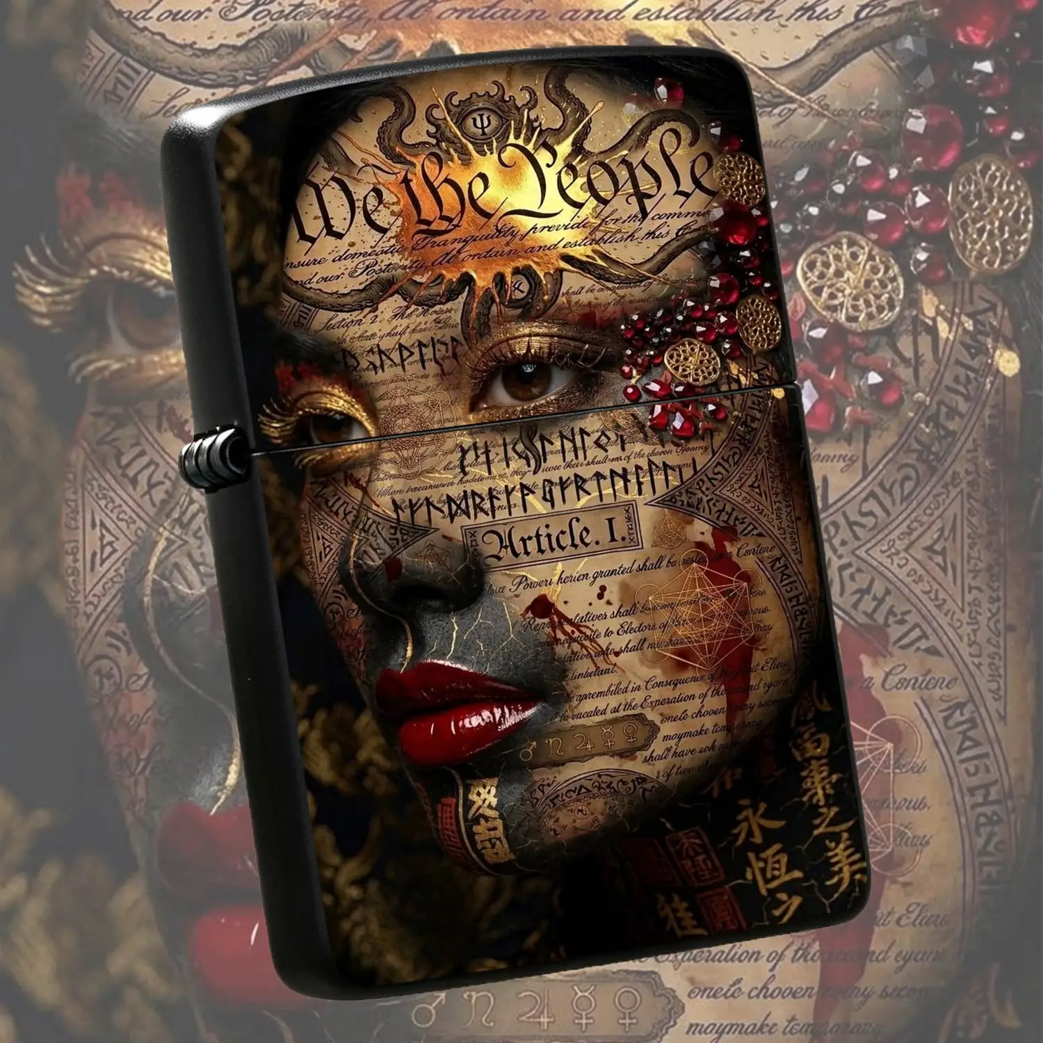 Vintage Artistic We The People Themed Lighter, Exquisite Calligraphy Tattoo Face Pattern Decor, Multi-scene Usable Portable Unique Handheld Art Piece, Ideal For PersonalAnd Festival Gift Gifting A Humorous And Interesting Lighter