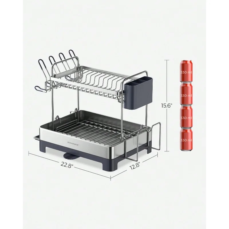 Dish Drying Rack - 2 Tier Dish Rack For Kitchen Counter With Rotatable And Extendable Drain Spout, Dish Drainer With Utensil, Cup, Glass, Cutting Board Holders, Silve And Gray