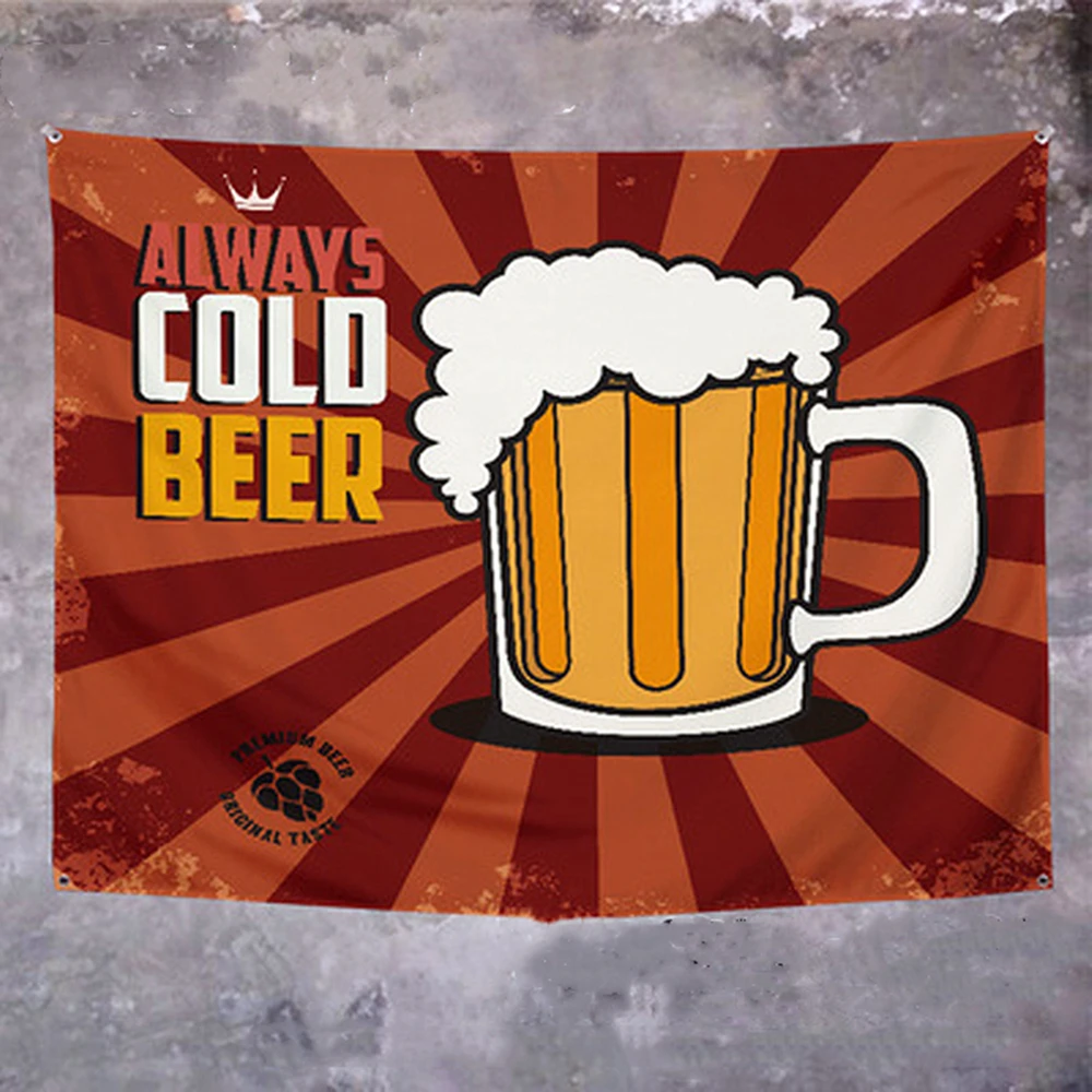 

ALWAYS COLD BEER Wine Banner Flag Wall Painting Vintage Bar Pub Club Man Cave Wall Decor Tapestry Black Party Wall Art Poster