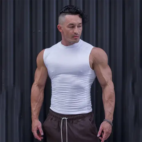Men's High Neck Sleeveless Compression Gym Shirt Tight Fit Quick Dry Bodybuilding Workout Tank Top Fitness Vest Sportswear
