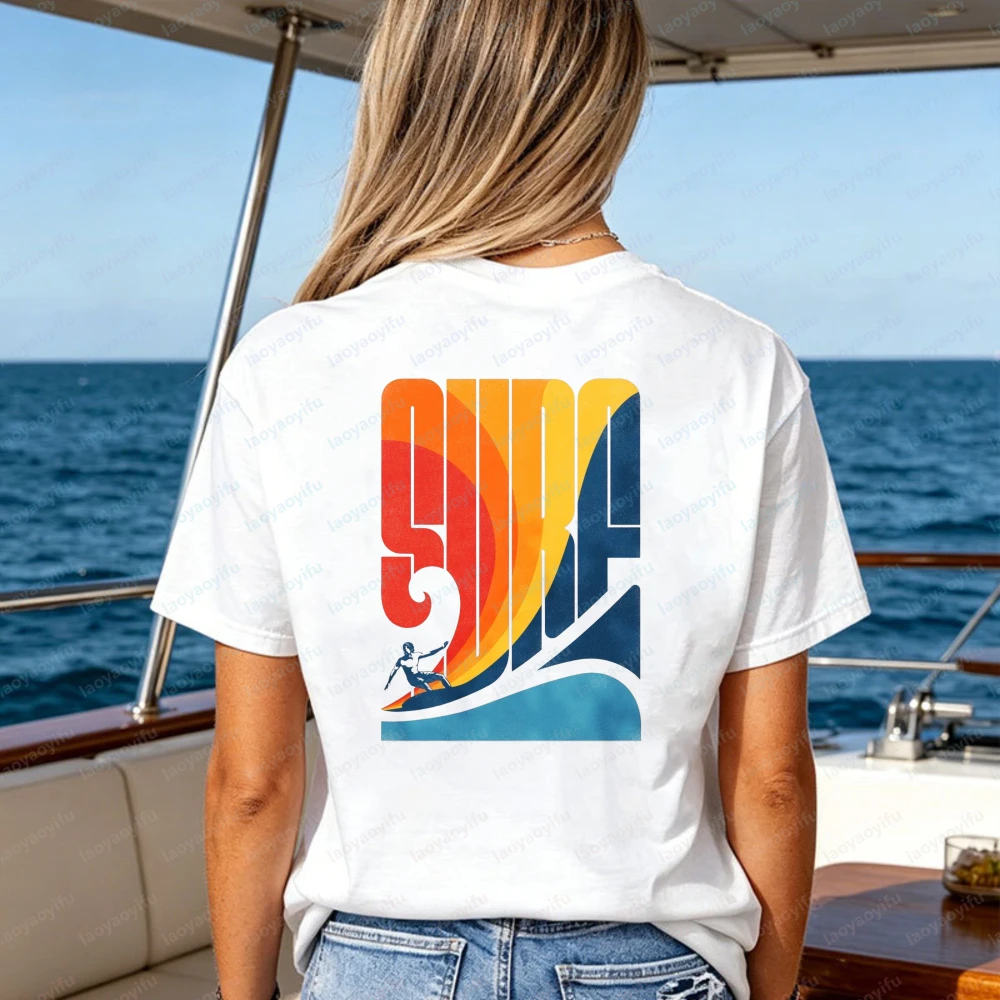 Retro Surf T-Shirt Women Color Block Wave Silhouette Graphic Casual Short Sleeve Cotton Top Summer Beach Surfing Vacation Shirts