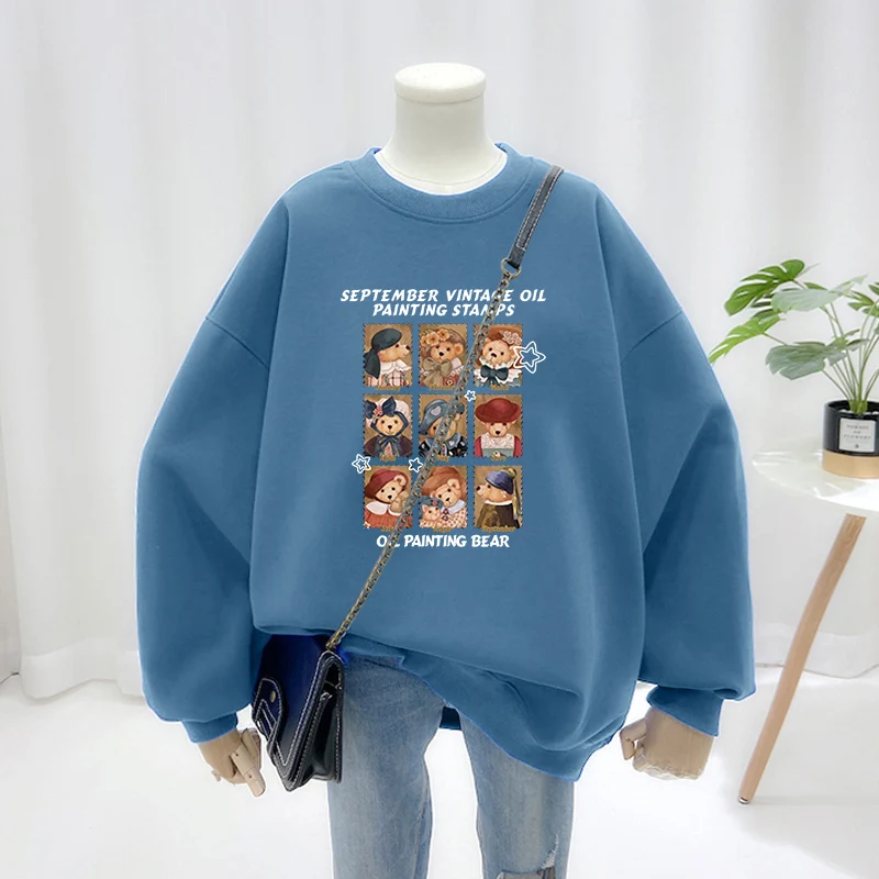 American Retro Oversize round Neck Sweatshirt Jacket Women's Autumn Winter New Fashion Bear Fleece Lined Top Commute Style Lo...