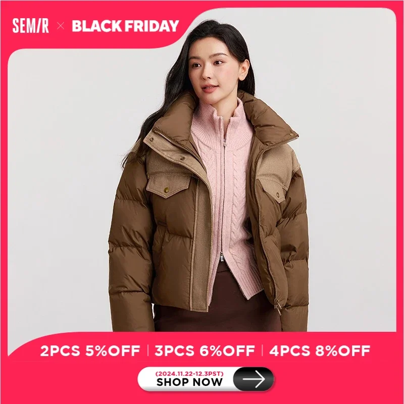 Semir Down Jacket Women Waterproof Spliced Oversize Stand-Up Collar 2024 New Winter Outerwear Trendy and Cool