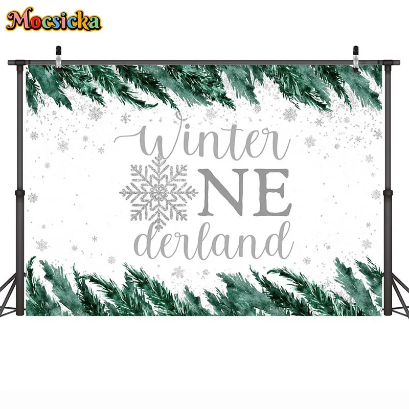 الشتاء Onederland 1st حفلة عيد ميلاد خلفية ندفة الثلج الأشجار البيضاء الفتيان أول عيد ميلاد خلفية للتصوير استحمام الطفل