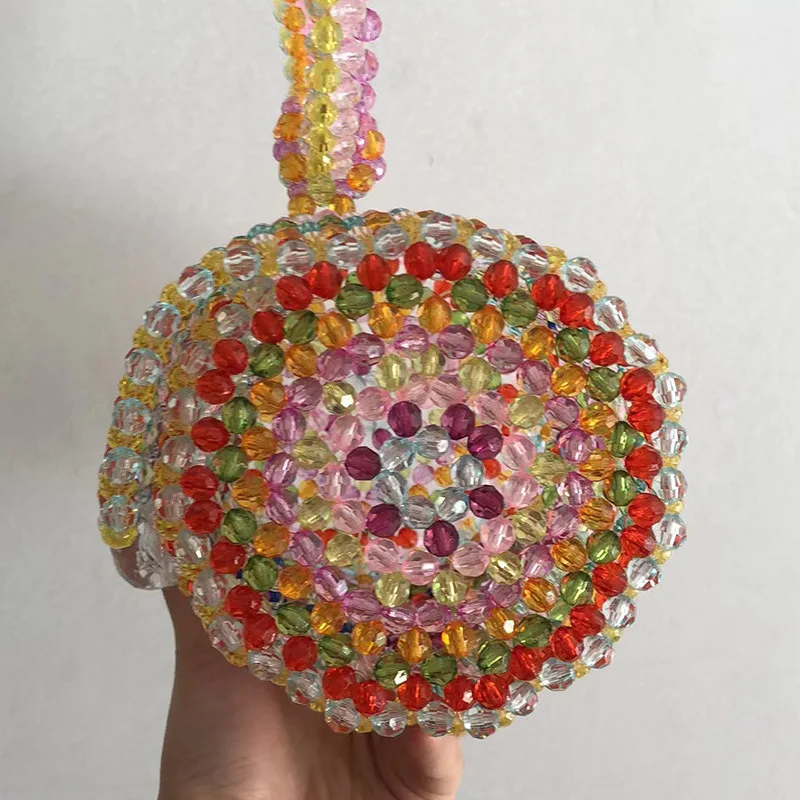 Colorful Striped Barrel Shaped Beaded Handbag Fashion Retro High-end Rainbow Vertical Pattern Women\'s Bags Handwoven Acrylic Bag