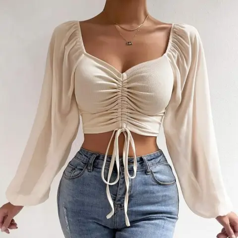 Women's V-Neck Ruched Crop Top Autumn Lantern Sleeves Drawstring Sexy Slim Fit Blouse Female Fashion Solid Color Street Top