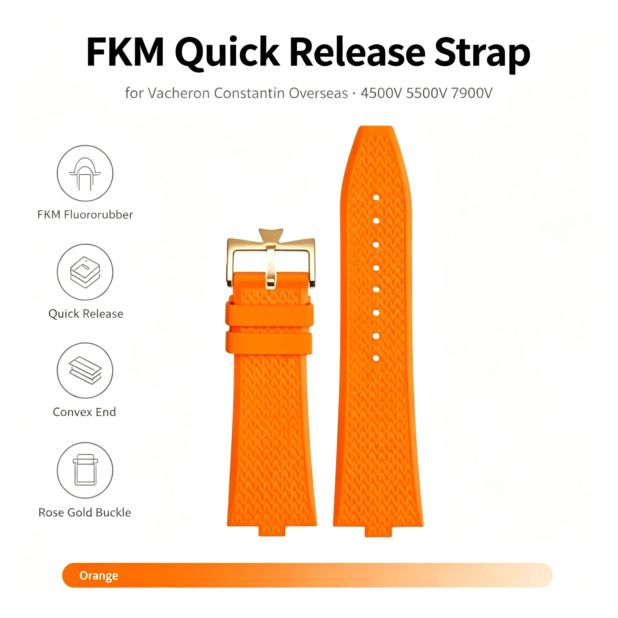 FKM Quick Release Watch Strap for Vacheron Constantin Overseas 4500V 5500V 7900V Orange Convex End Replacement Band with Buckle