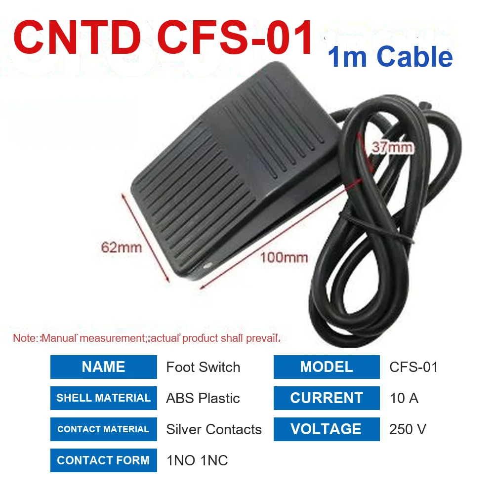 CNTD CFS-01 Compact Foot Pedal Switch 10A 250V AC-15 1NO 1NC Self-Resetting ABS Plastic Housing 1m 2m Cable Machine Tool CE CCC
