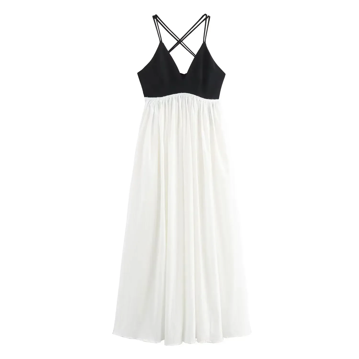 French Black White Patchwork Long Beach Party Dress Women Summer Sleeveless Ruffles Pleated Holiday Dresses 8396/653﻿