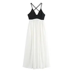 French Black White Patchwork Long Beach Party Dress Women Summer Sleeveless Ruffles Pleated Holiday Dresses 8396/653﻿