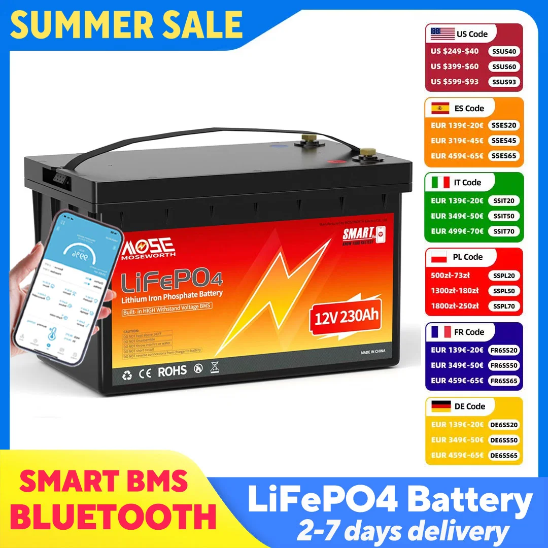 MOSEWORTH 12V 230Ah LiFePO4 Bluetooth Battery with 200A BMS Lithium Iron Phosphate Rechargeable Batteries for RV Capmers Boat