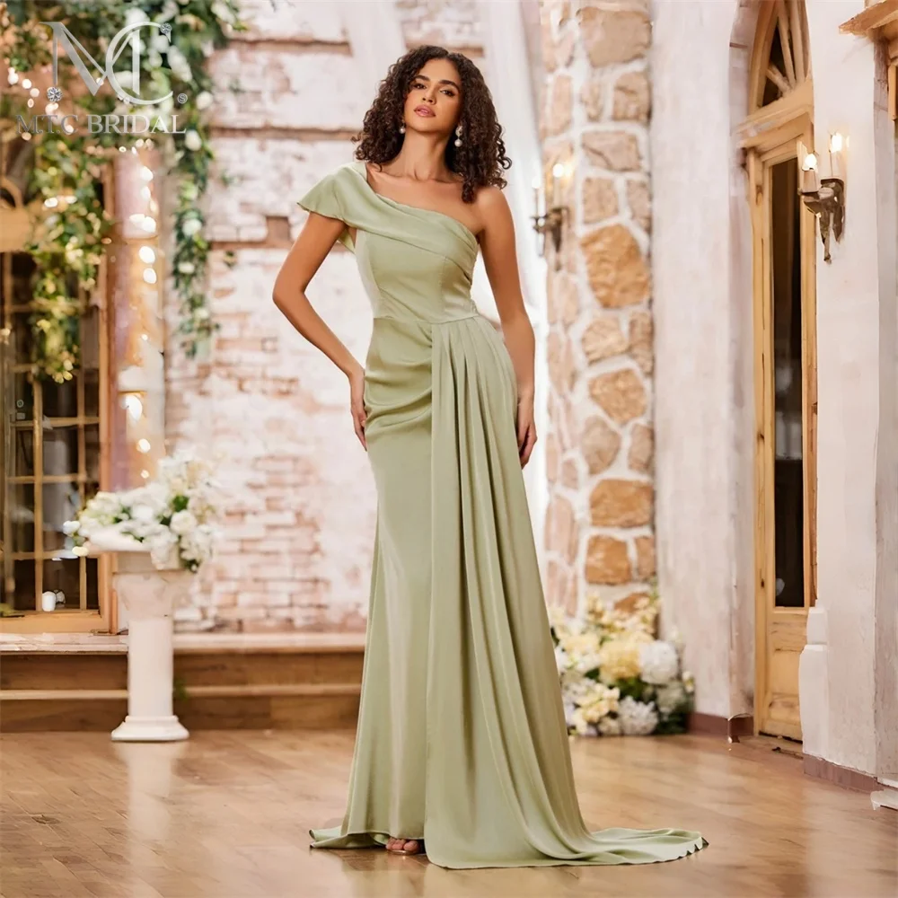 

Sage Green One Shoulder Bridesmaid Dresses Side Train Floor Length 2026 Wholesale Women Satin Wedding Party Gowns Custom Made