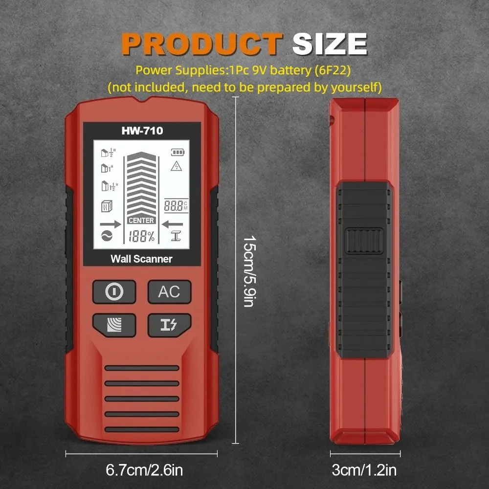 Buscador de pernos 6 en 1 Localización con precisión Rastreador de profundidad Cables de cable de CA Rastreador de profundidad Alta precisión con pantalla LCD Detector de pared