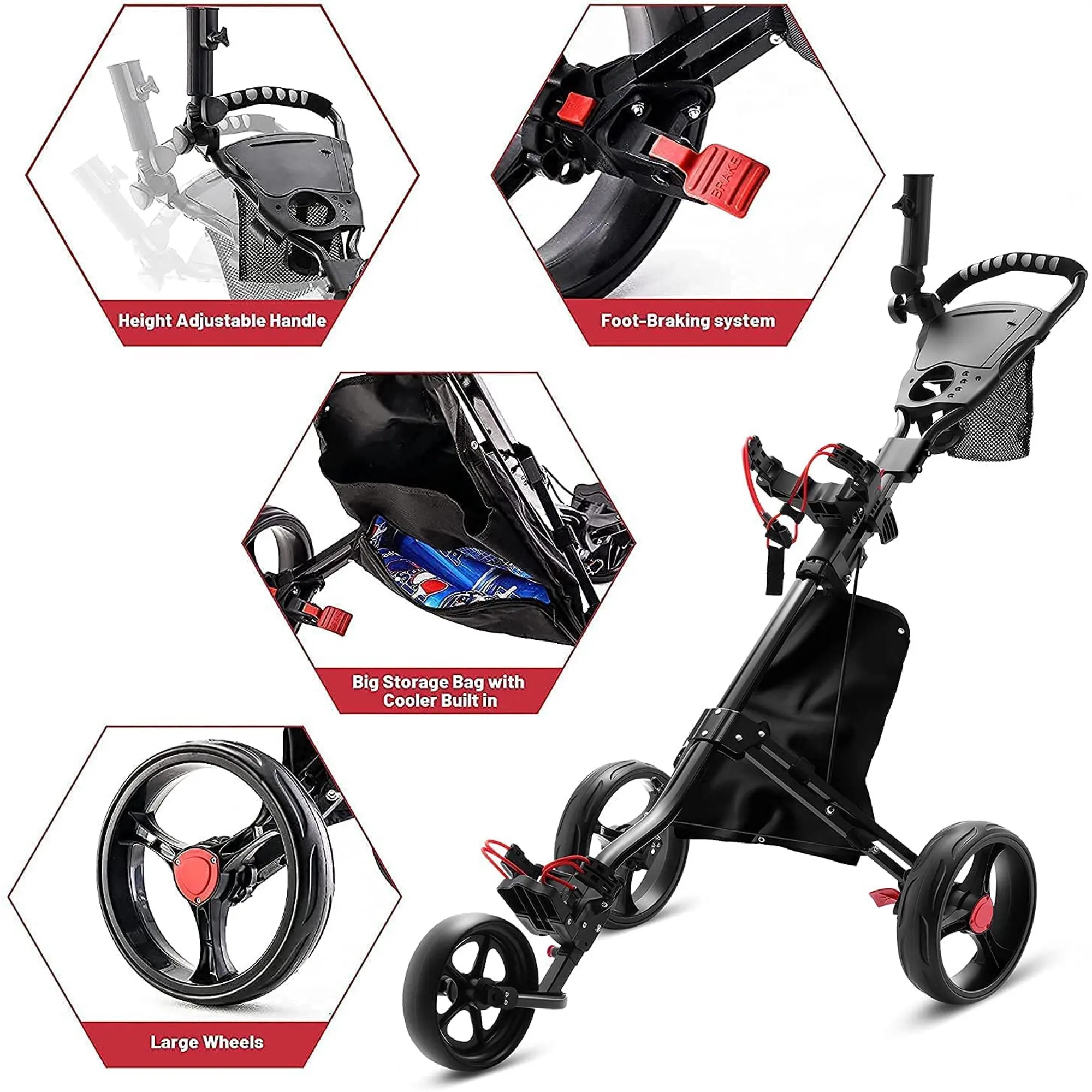 YOLO Low MOQ Foldable Aluminium Lightweight Durable 3-Wheel Golf Trolley Push Cart with Umbrella Holder 100kg Capacity Non-Slip