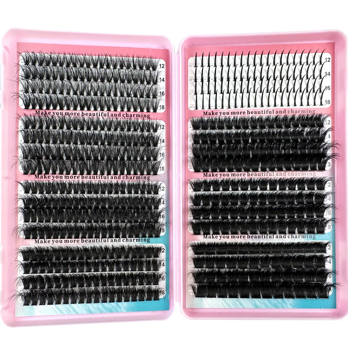 Sztuczne rzęsy w formie kępki, model Spikes/200D, 560 sztuk, grube i puszyste rzęsy, grubość 0,07 mm, długość mieszana 12-18 mm, efekt dramatyczny.