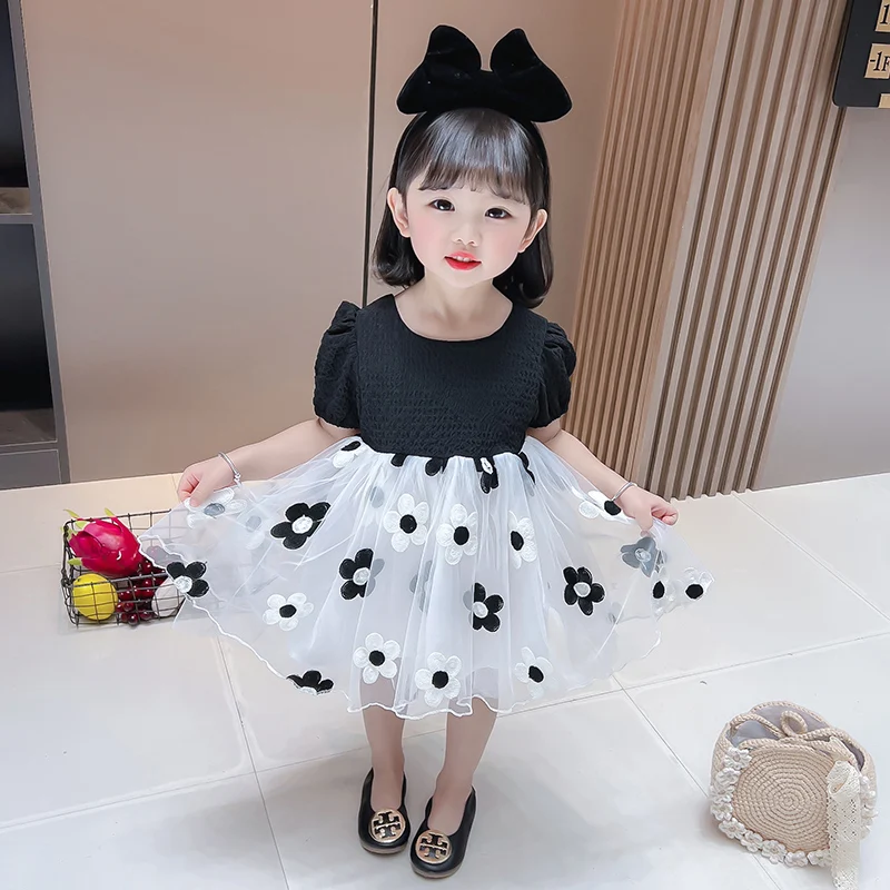 Summer Girls Print Dress 2022 New Back Bow Girls Black Princess Dress White Holiday Long Dress Cheap Tutu Skirt for Babies