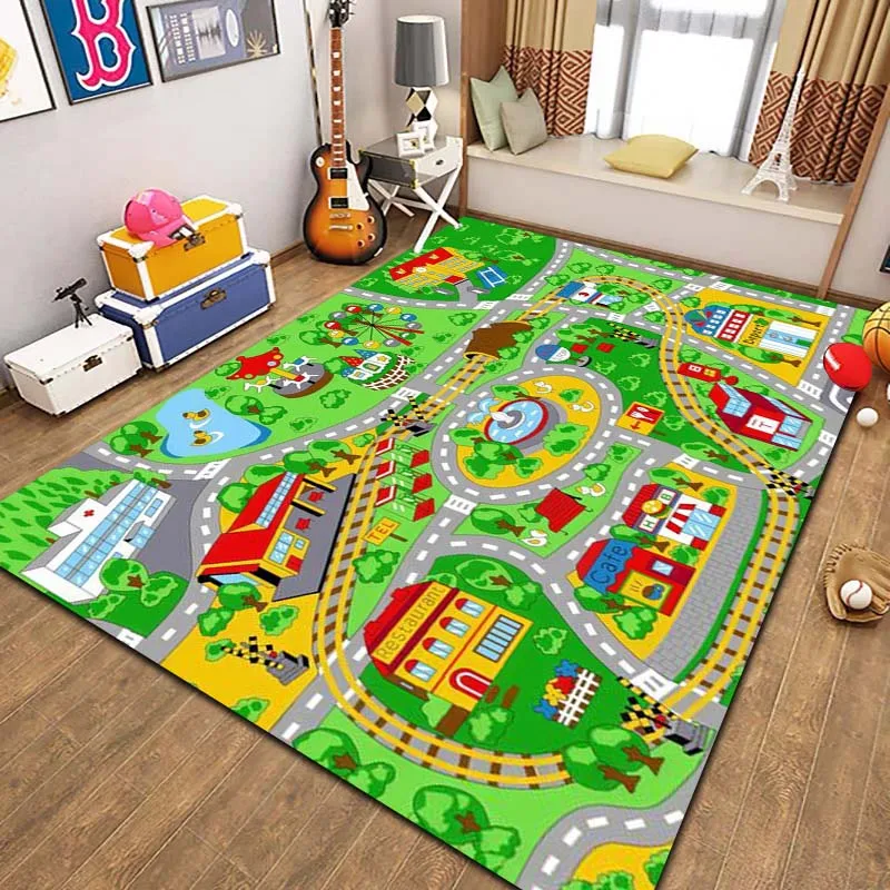 VIKAMA Car Kids City Road Map Print Flannel Area Rug Non-Slip Soft Floor Mat For Toddler Bedroom Playroom Indoor  Decor Gift