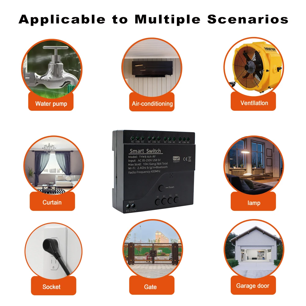 Релейный модуль 4CH Tuya для автоматизации умного дома, 85-250 В, 220 В, работает с приложением Tuya, Wi-Fi, голосовым управлением и функцией радиоуправления 433