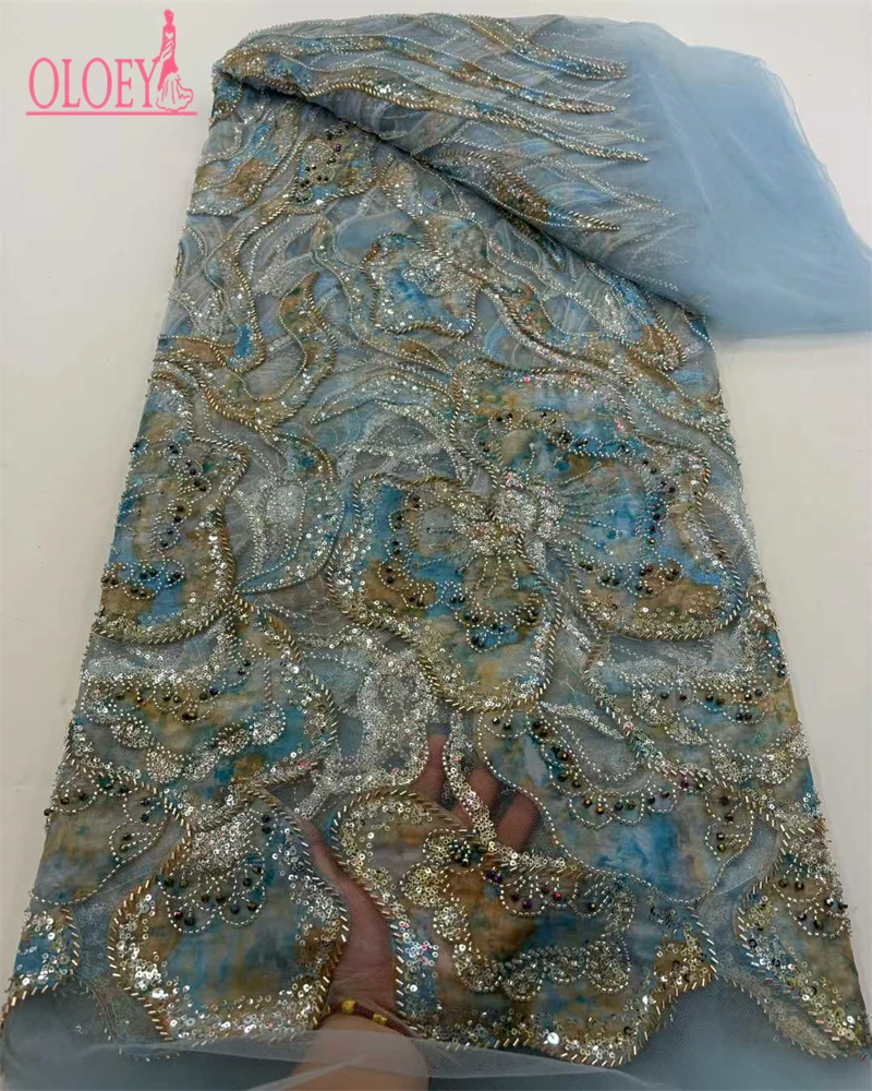Oloey africano nigeriano francês net noivo bordado tule lantejoulas tecido de renda bonito luxuoso frisado renda para casamento
