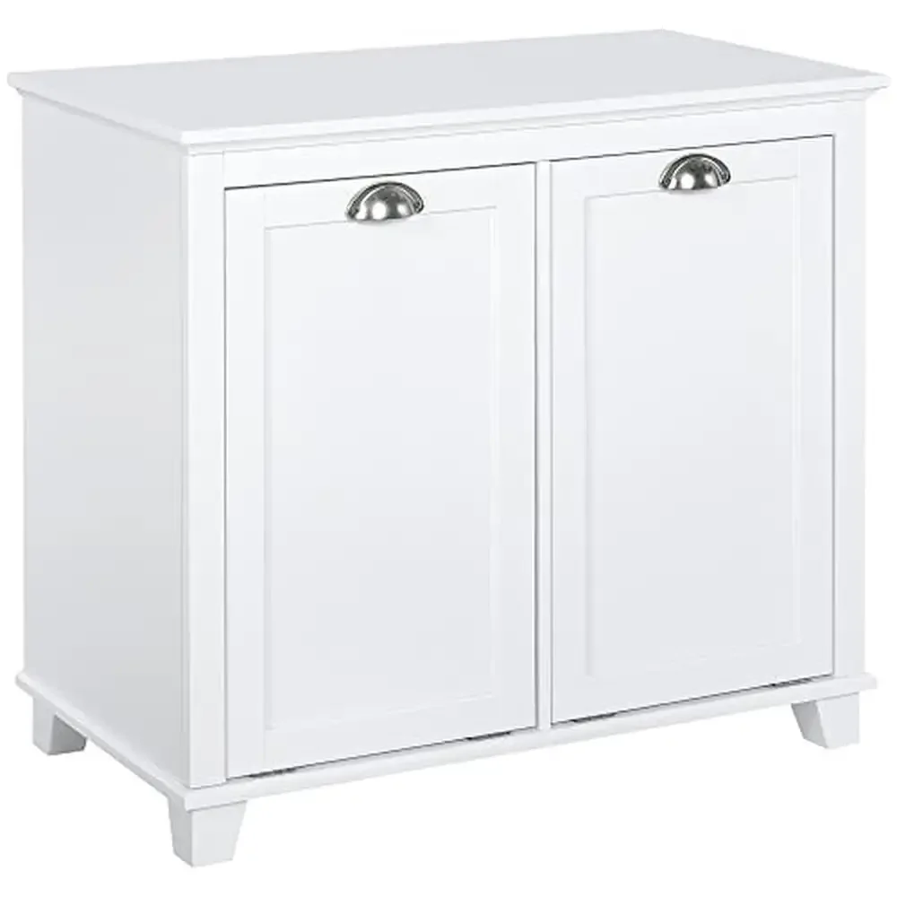 Bathroom Storage Cabinet Dual Tilt Out Laundry Hamper 2-Compartment Organizer Modern Floor  White Wood Construction