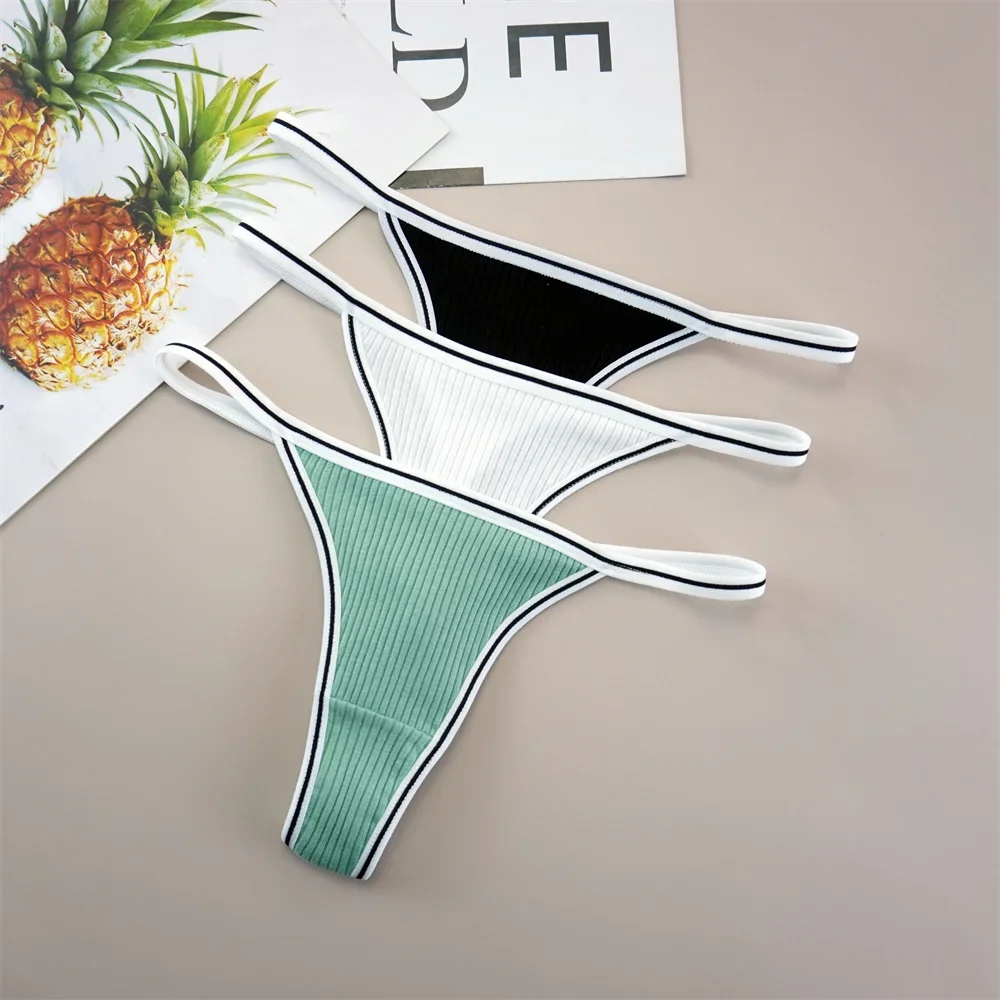 3ks/sada sexy jednobarevných dámských kalhotek s bavlněnými pruhy, sportovní tanga, měkké a pohodlné tangá, sexy kalhotky s T-backs - náhled 4