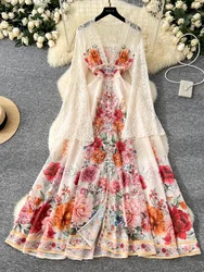 France Elegant Vintage Palace Evening Dress Women Print Flare Sleeve Button Lace Long Party Dress Female Casual Holiday Clothing
