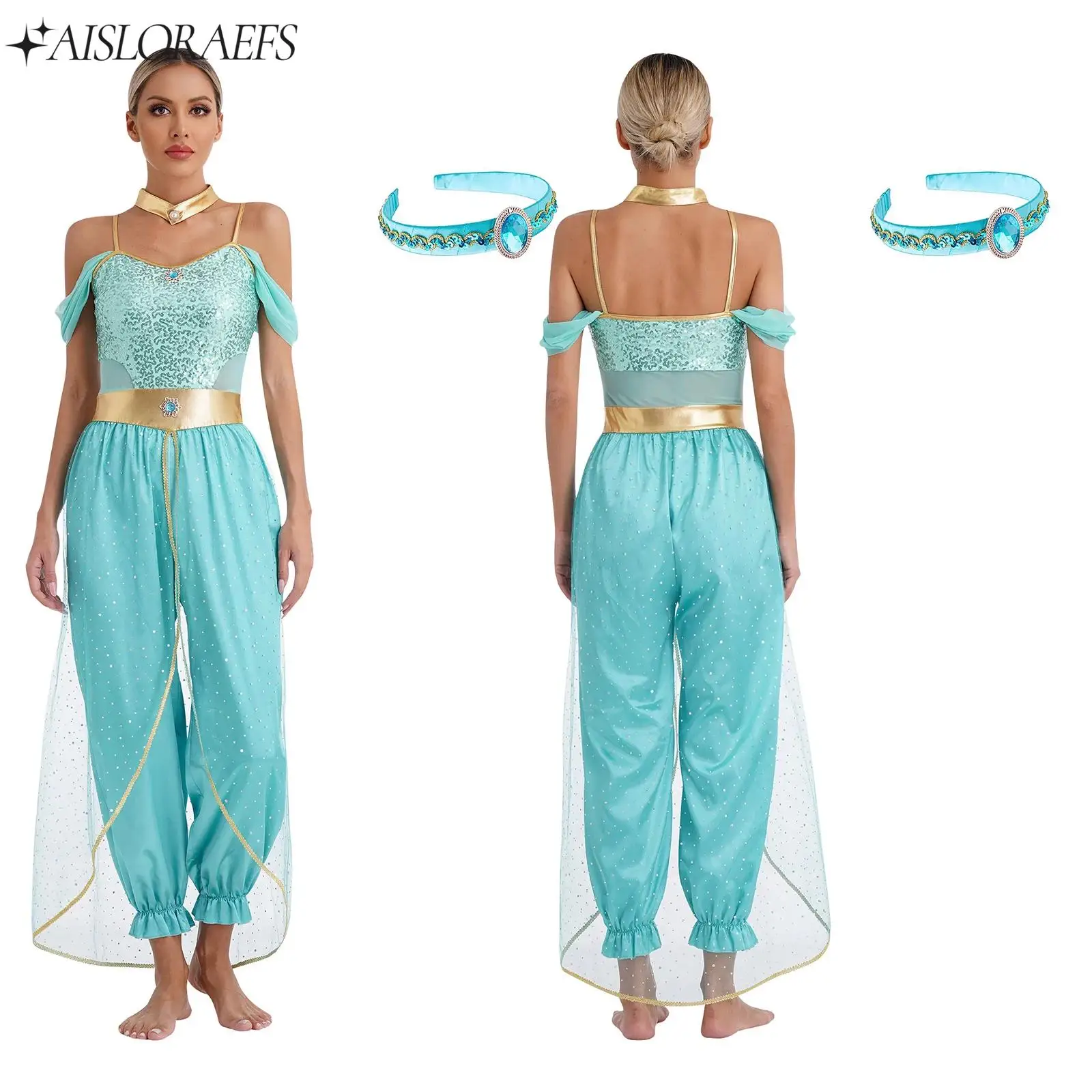 

Halloween Arabian Princess Costumes Womens Festival Carnival Party Jasmines Outfit Sequin Tulle Rompers Belly Dance Jumpsuit