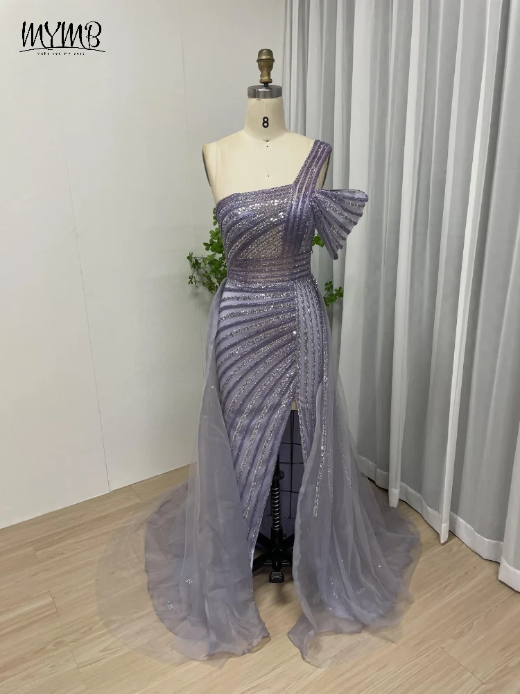MYMB Dubai Graceful Off spalla sirena donne abiti da festa di nozze arabo Sexy High Split aperto indietro abiti da sera con paillettes