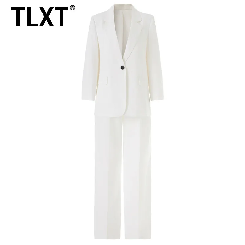 

TLXT Fashion Women's White Pant Suit Single Button Blazer And Wide Leg Trousers Casual Work Attire Two Piece Outfit 2025 New