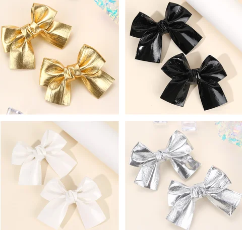 2Pcs 스파클링 보우 헤어 클립 소녀를위한 PU 바레트 나비 가죽 빈티지 골드 실버 수제 모자를 쓰고 있죠 액세서리