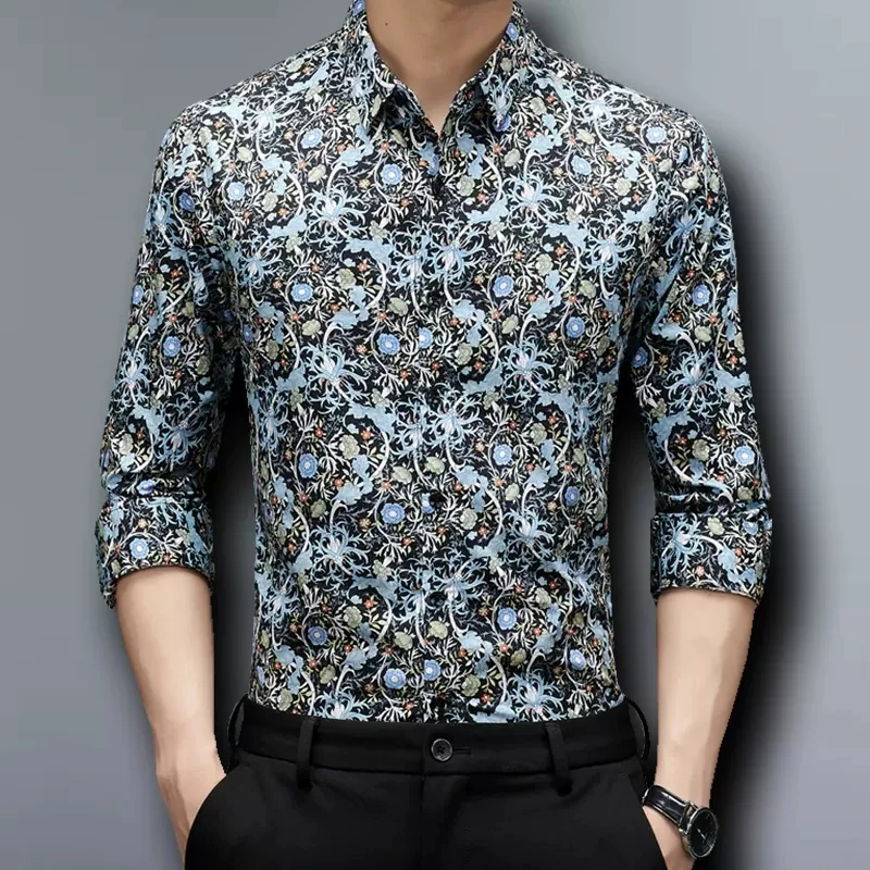 

Men Designer Clothes 3D Floral Printing Long Sleeve Dress Shirt Spring New Quality Mercerized Cotton Smooth Luxury Chemise Homme