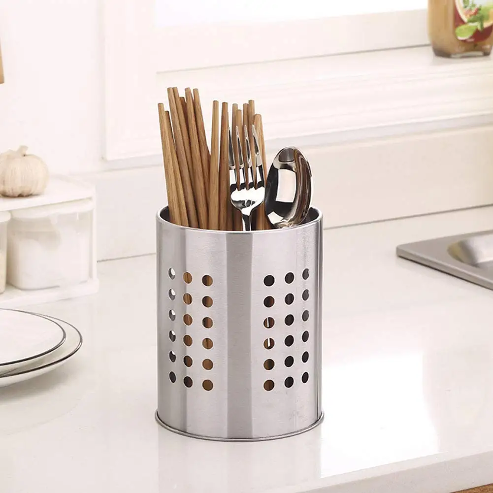 

E5 Stainless Steel Kitchen Utensils Holder Flatware Cylinder Silverware Draining Organizer Drying Rack Round Drain Holes Spoon