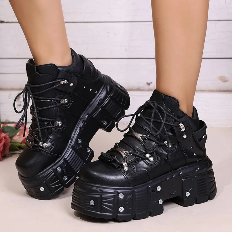 New 2026 Women Shoes Punk Style Lace-up Heel Height 8CM Platform Shoes Woman Gothic Ankle Rock Boots Metal Decor Woman Sneakers view 4