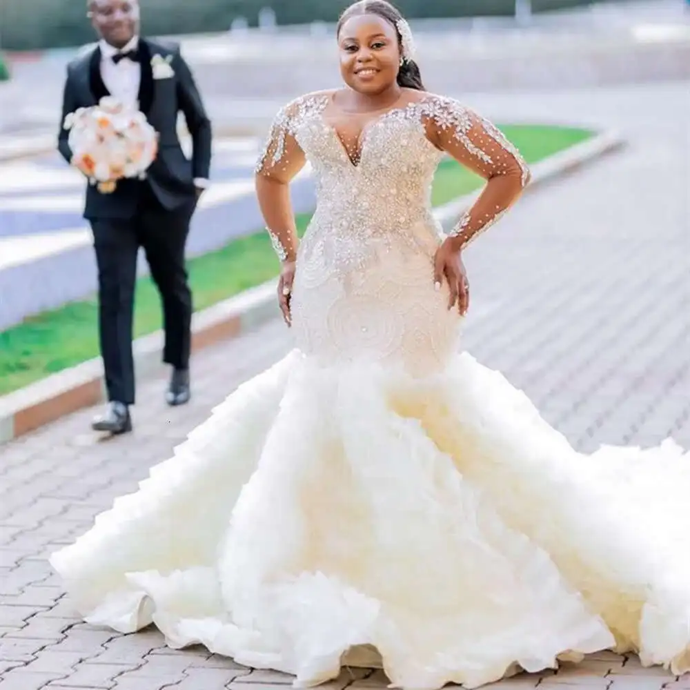 

Wonderful O-Neck Shinny Full Pearls Sequins Wedding Dress for Bride Robes De Mariee Full Sleeves Plus Size Aso Ebi Bridal Gown