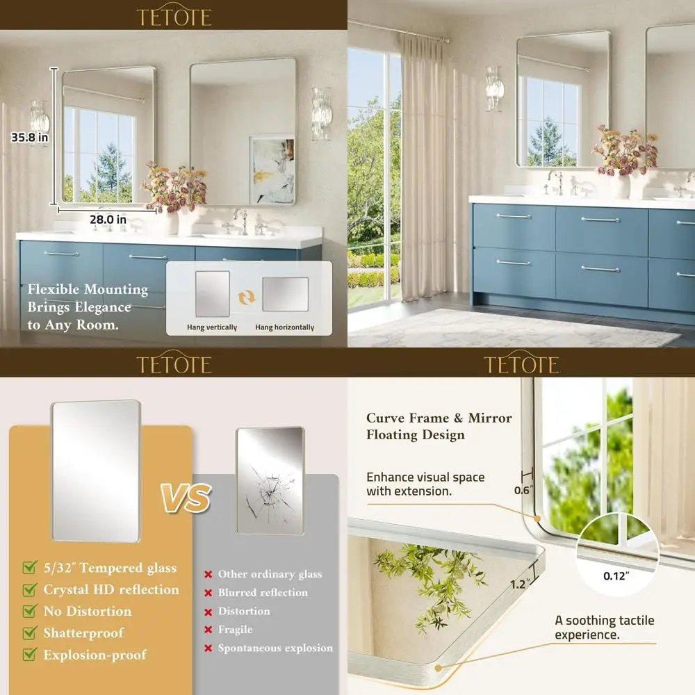 

Зеркало для ванной комнаты из закаленного стекла 28x36 в современном фермерском доме с рамой из матового никеля для настенного монтажа (горизонтальное или вертикальное)