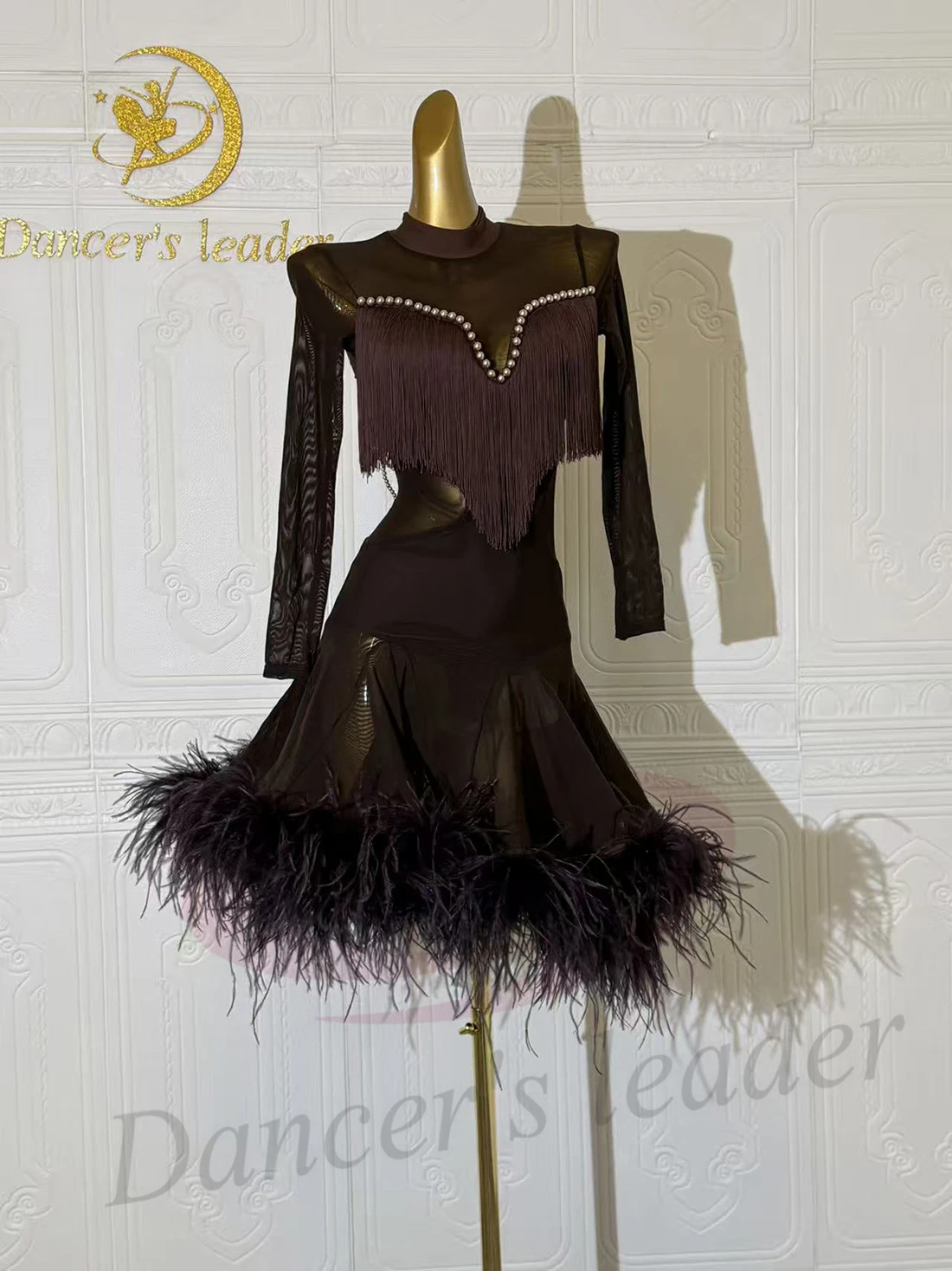 Latin Dance AB Stone Female Adult Children High end Customized Pearl Bordered Fluffy Dress Black Pool Samba Performance Dress