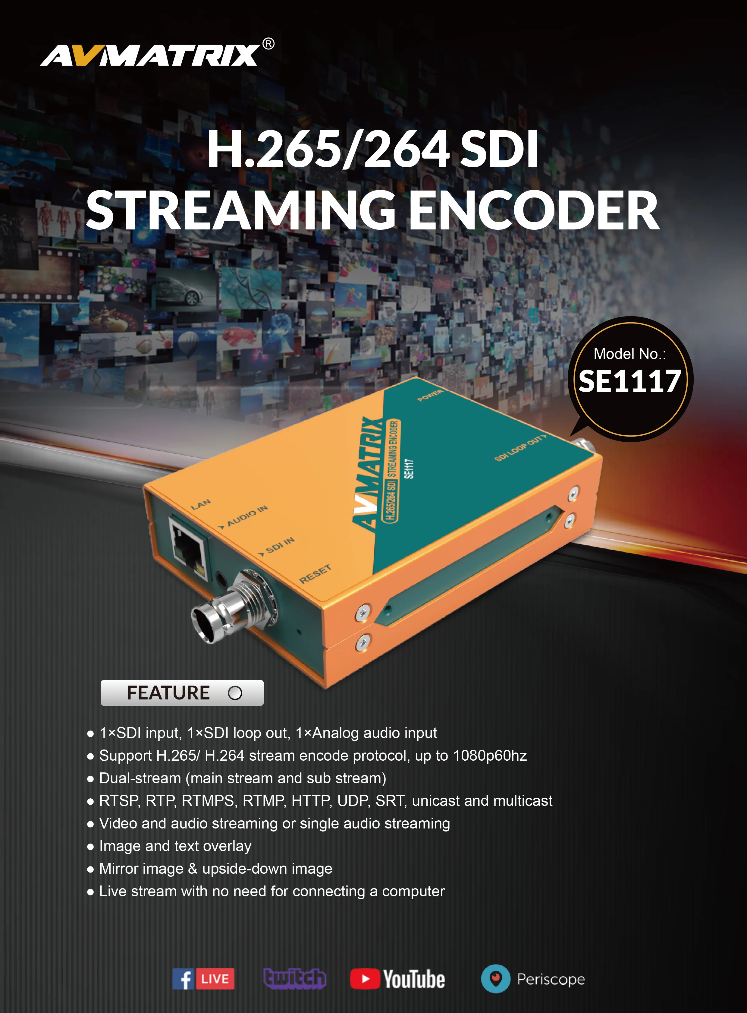 AVMATRIX SE1117 Supports H.265/ H.264 SDI Dual Streaming Encoder RTSP, RTP, RTMPS, RTMP, HTTP, UDP, SRT