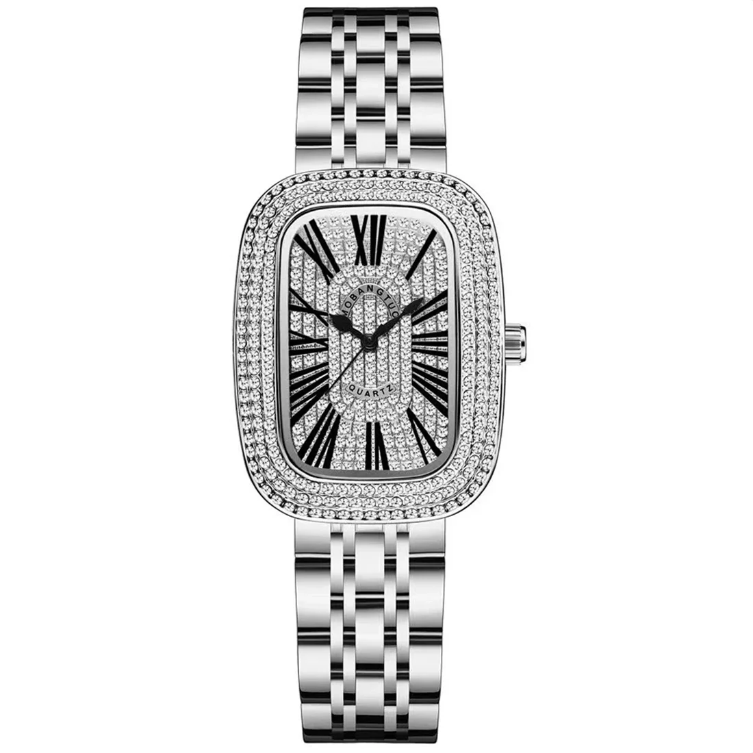 Mobangtuo Women Quartz Watch Tonneau Oval Case Diamond Iced Out Reloj Roman Numerals Dial Luxury Clock Ladies Vintage Wristwatch