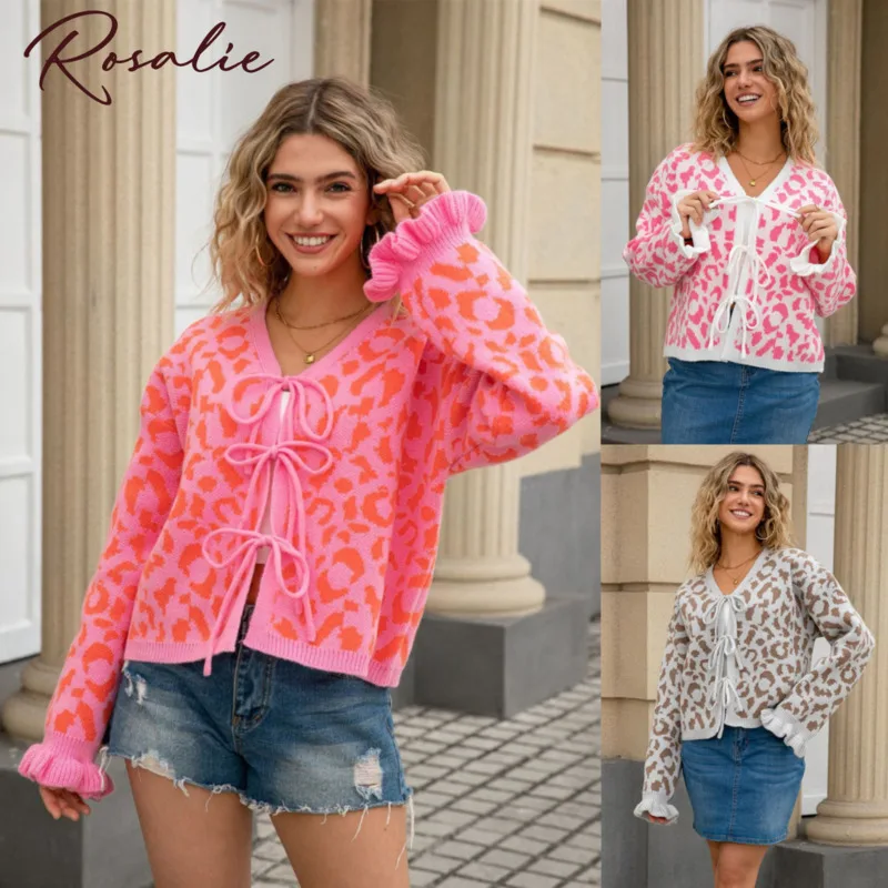 

Trendy Leopard Print Cardigan For Women 2025 Autumn New Bow Front Ruffled Cuffs Versatile Sweater Tops For Casual＆Fashion Looks