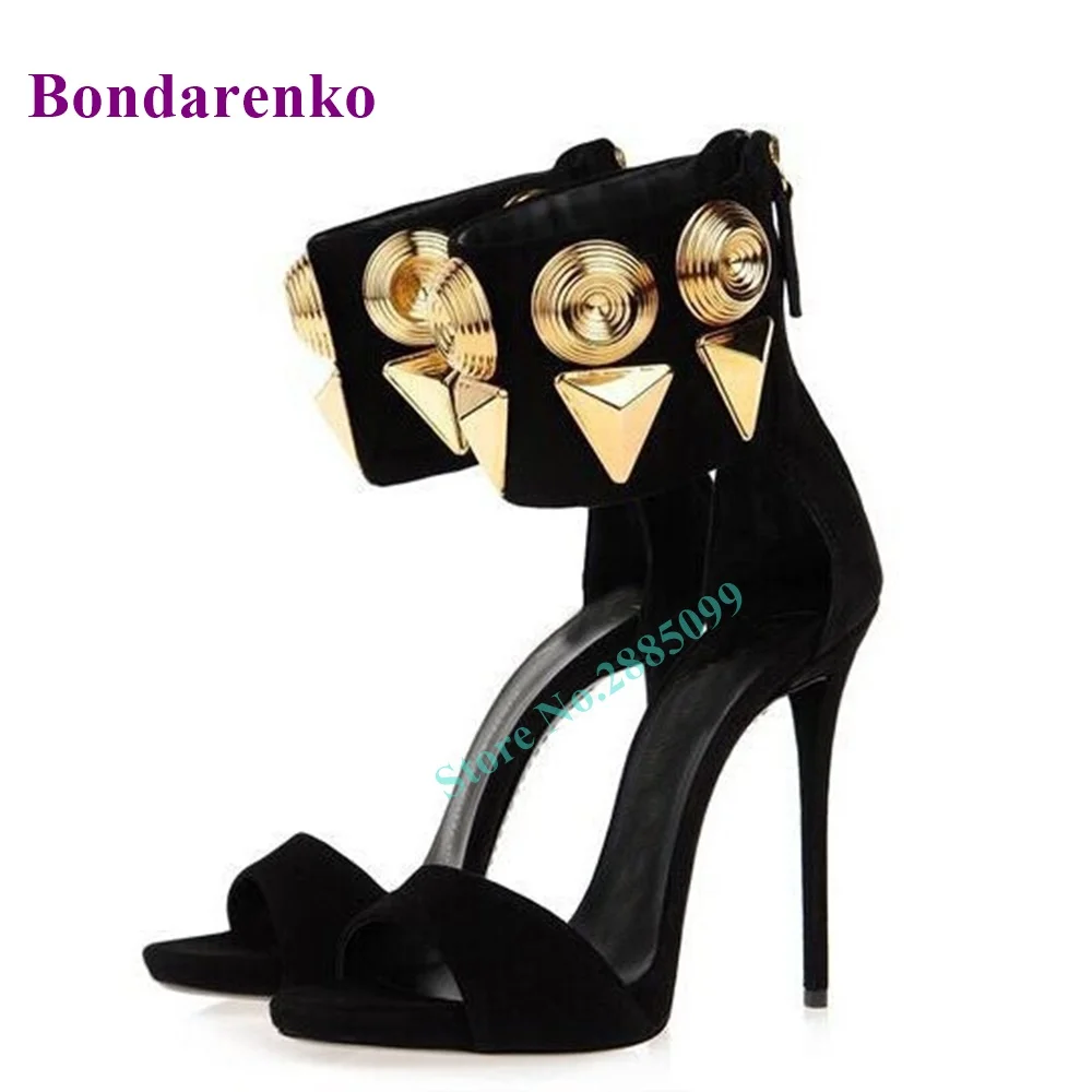 New Metal Rivet Suede Sandals Women Shoes Open Toe Hollow Ankle Straps Sandals Stiletto Heel Back Zipper Solid Summer Party Shoe