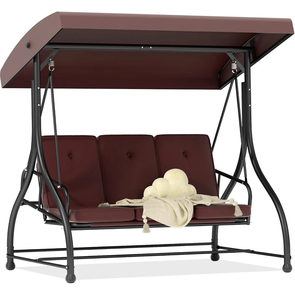 

Кресло-качалка 3-в-1 для крыльца с регулируемым навесом и сменными подушками, 3-местная качели для патио с прочной подставкой