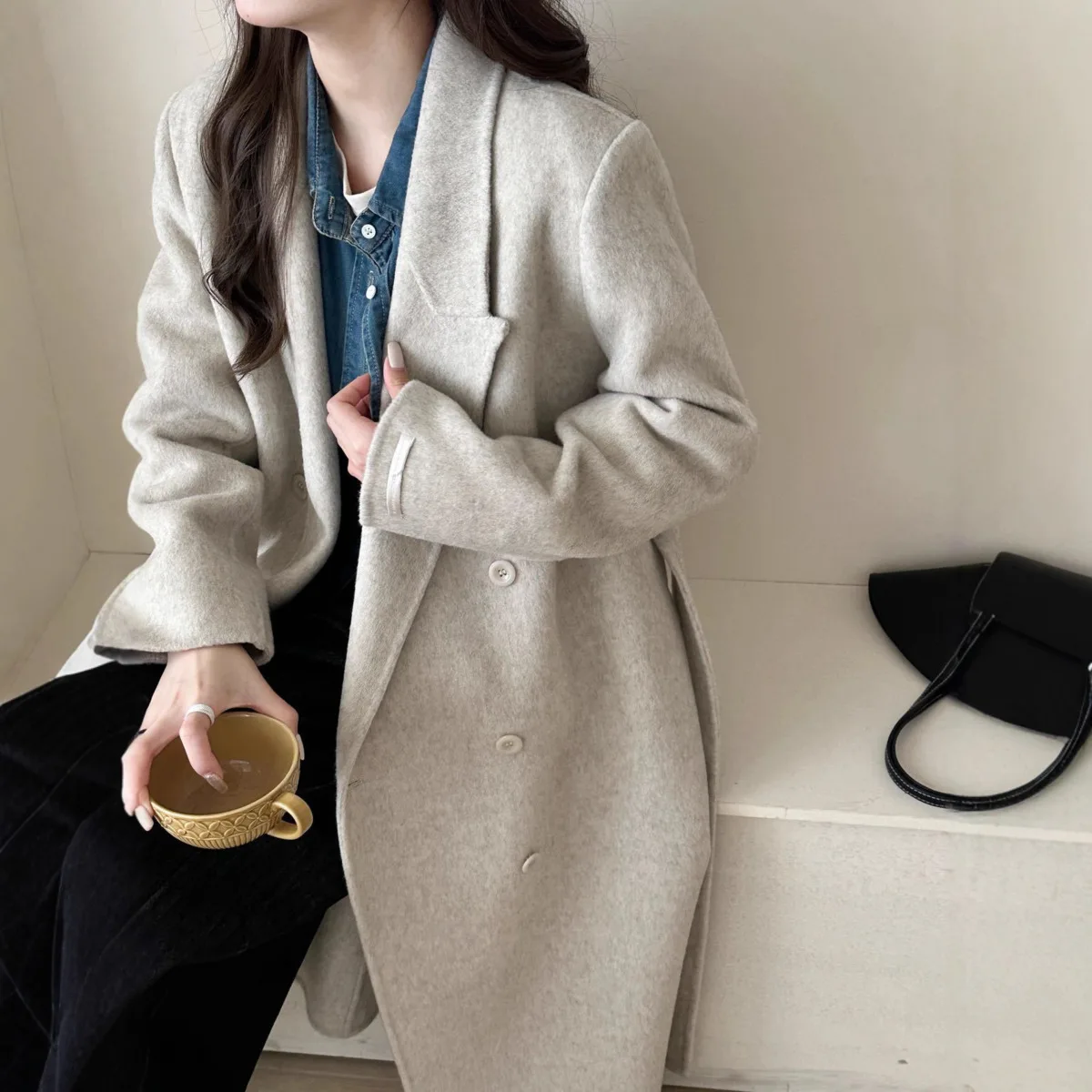 BJTZ 2025 معطف صوف نسائي فاخر جديد مزدوج الوجه مصنوع يدويًا قسط سميك دافئ خريف شتاء موضة ملابس خارجية أنيقة أنيقة