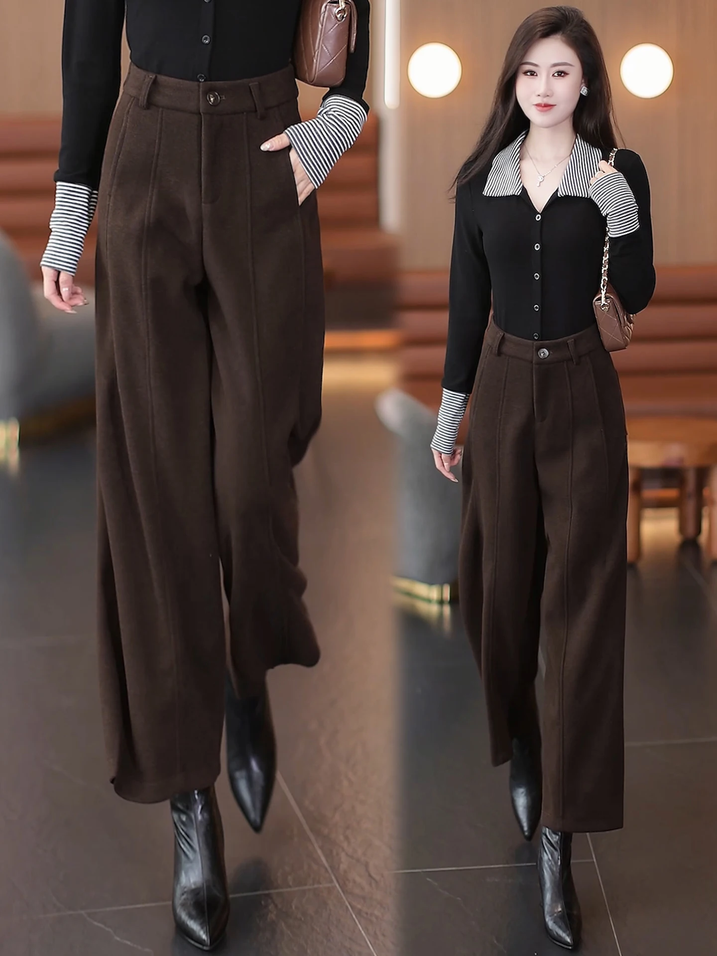

High Waist Acetate Wool Wide Leg Pants Women's Autumn Winter New Style Small Size Casual Nine Points Tweed Pants Knife