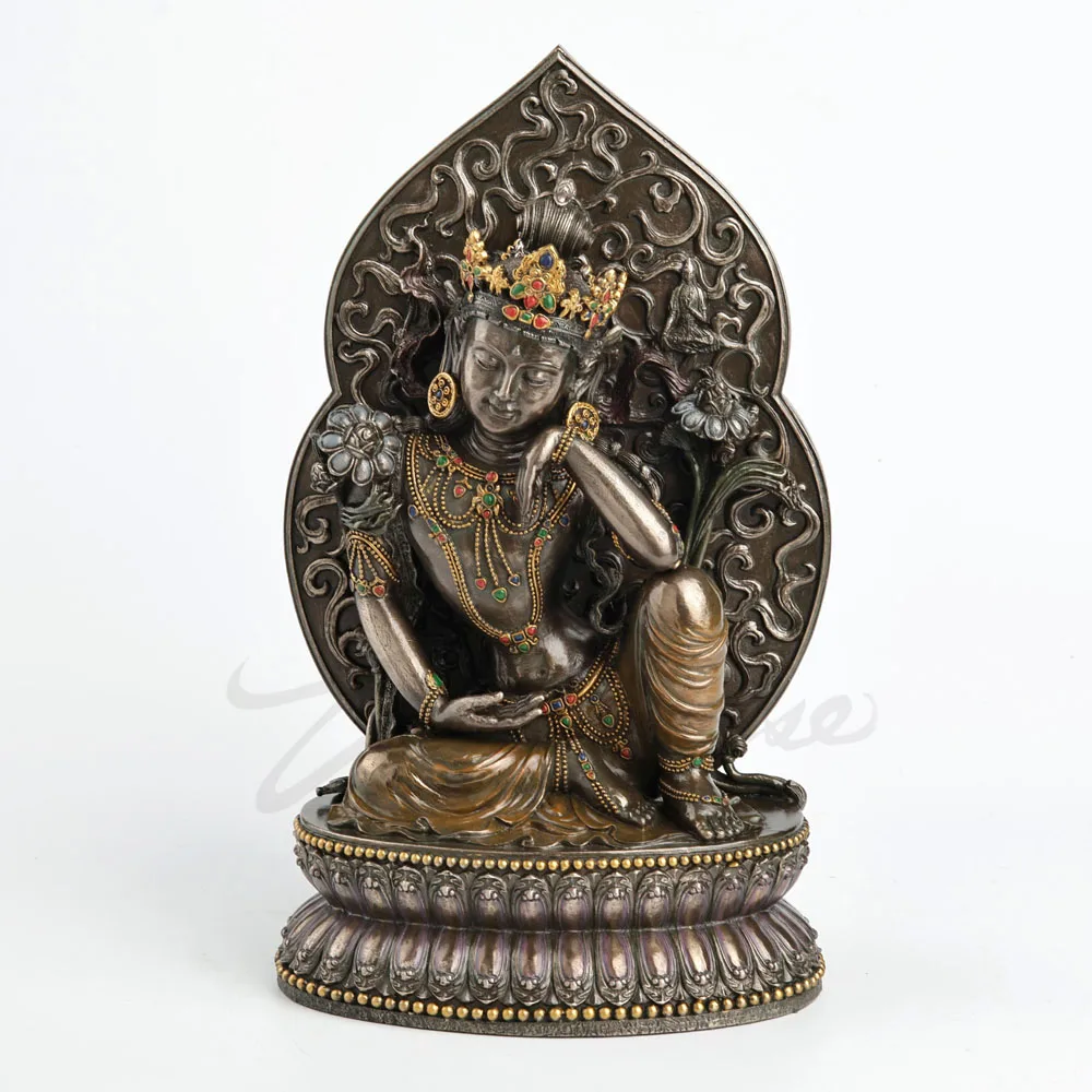 Tibetan Relaxed Tara Resin Statue Antique Bronze Finish Inlaid Colorful Ornaments Religious Buddhism Sculpture Home Altar Decor