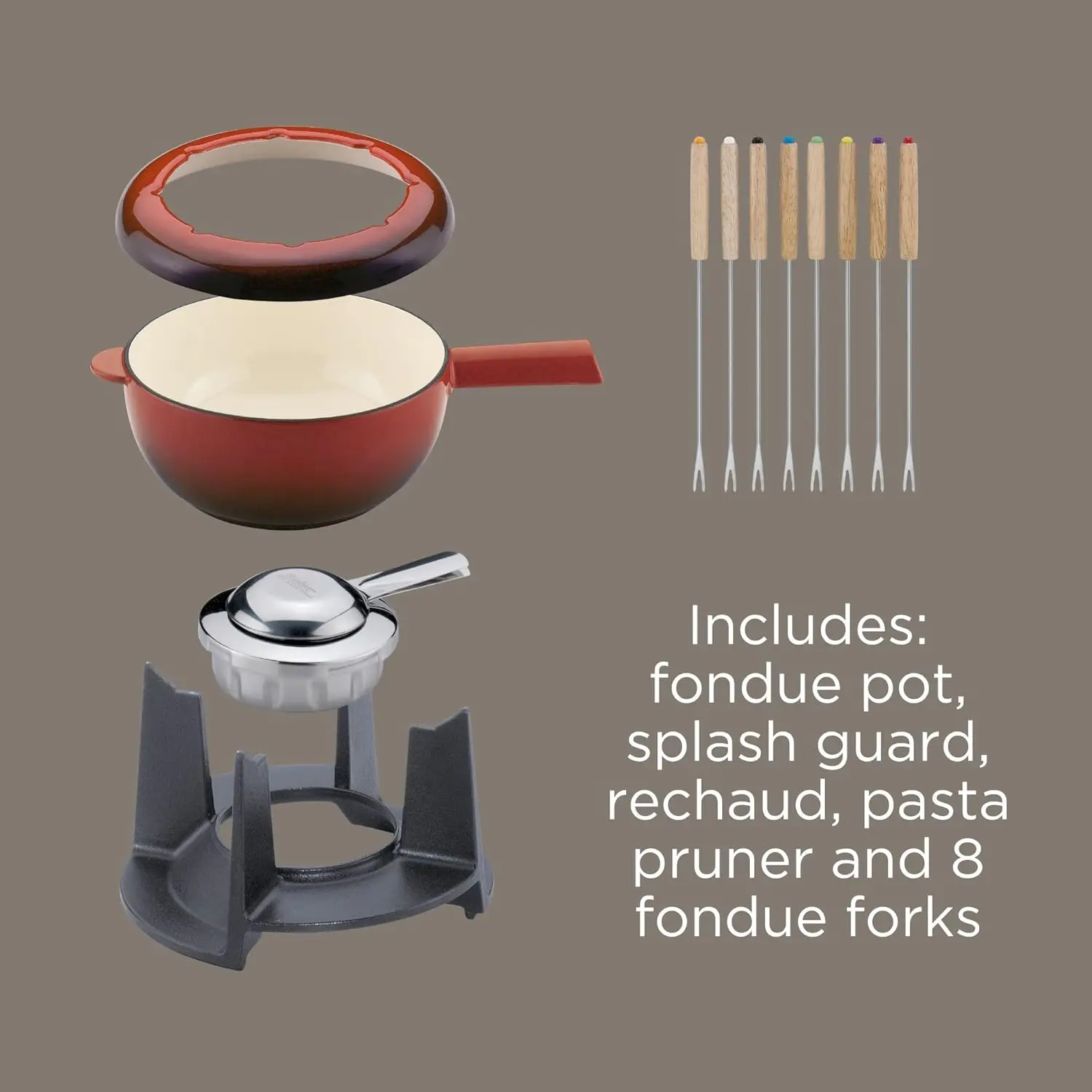 Conjunto de pote de fondue de 8 polegadas - aço inoxidável, fogão a gás tradicional, pote removível com espetos, para frutas, queijo, caldo,