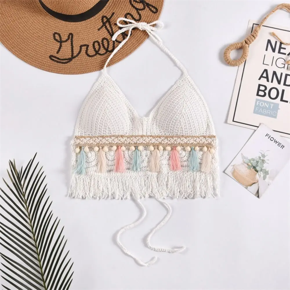 Summer Beach Short Tank Top Sweet Hollow Out Embroidery Halter Top Tassel Women Underwear