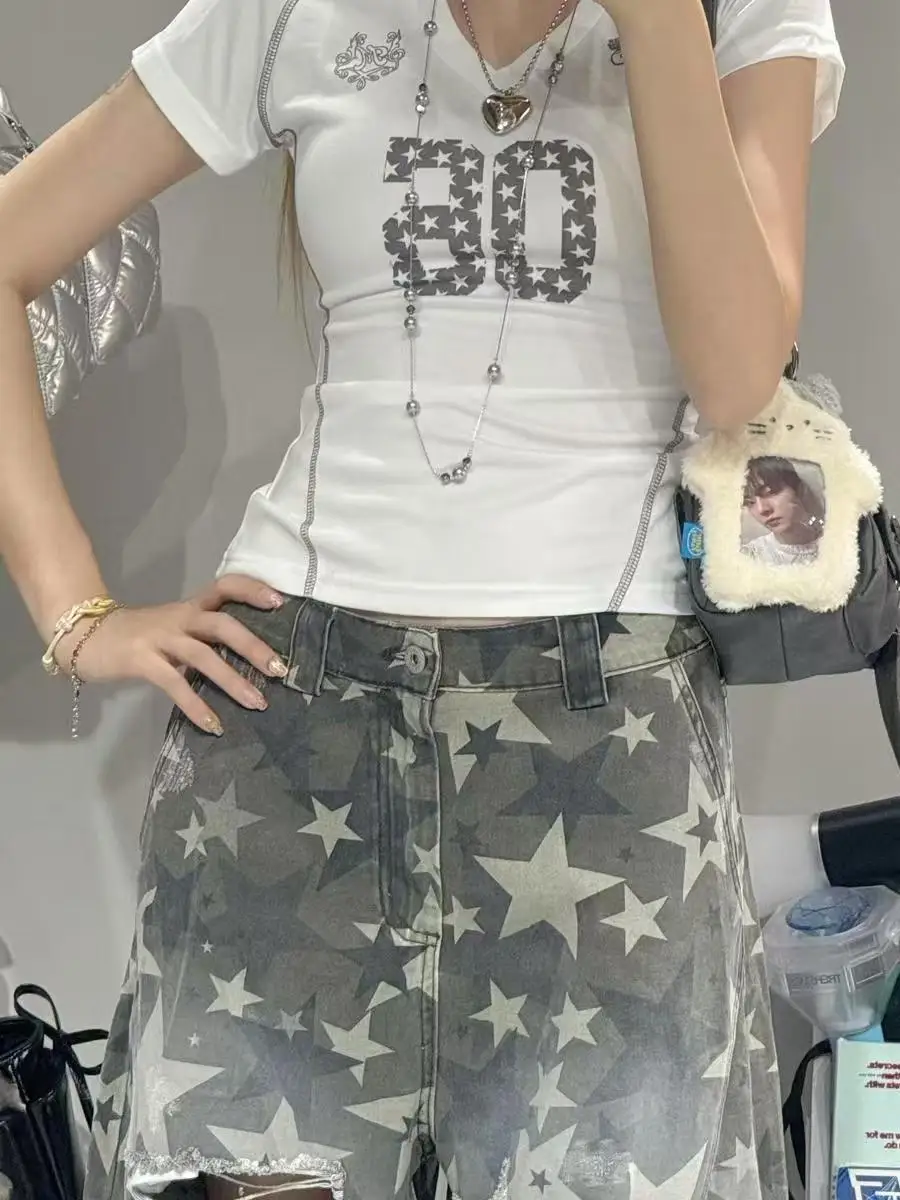 여성용 카모플라주 그레이 스타 찢어진 청바지 워싱 올드 스트리트 아메리칸 빈티지 루즈 와이드 레그 여름 신작 2025 캐주얼 바지
